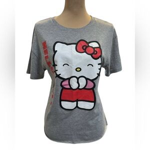 Sanrio “Hello Kitty” Shirt Women’s Size Large Gray Pullover Tee Raw Hem Cropped.